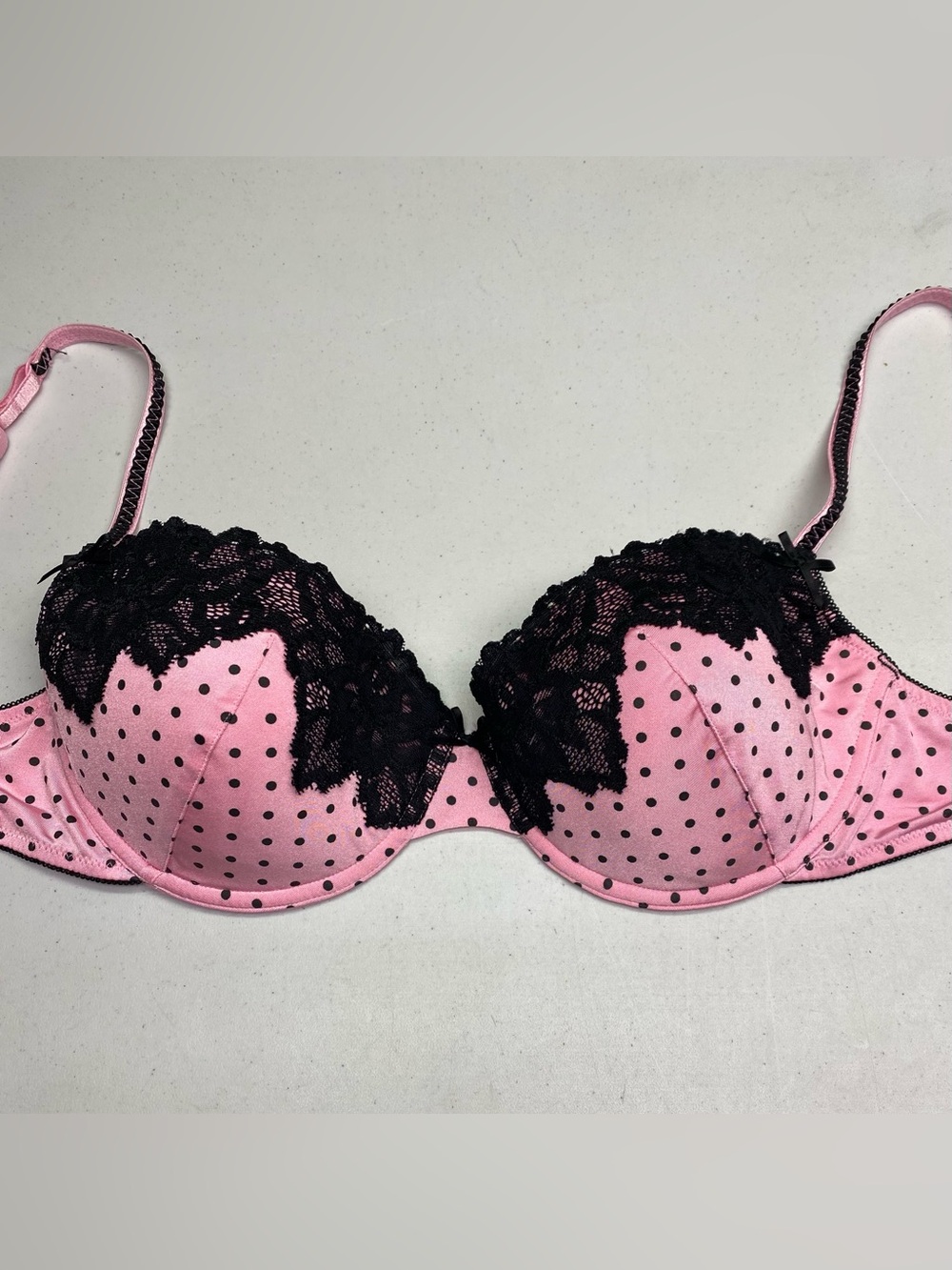 Love Silk & Satin Pink Polka Dot Black Lace Bra 34DD *P1040